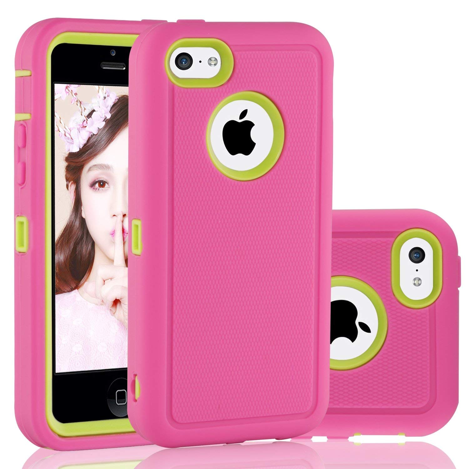 iPhone 5C Case, FOGEEK Dual Layer Anti Slip 360 Full Body Cover Case PC and TPU Shockproof Protective Compatible for Apple iPhone 5C ONLY(Pink/Green)